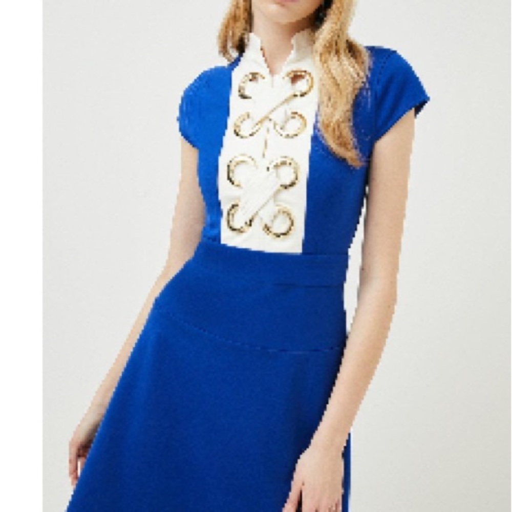 Karen Millen Blue and White A-Line Midi Dress with Cap Sleeves